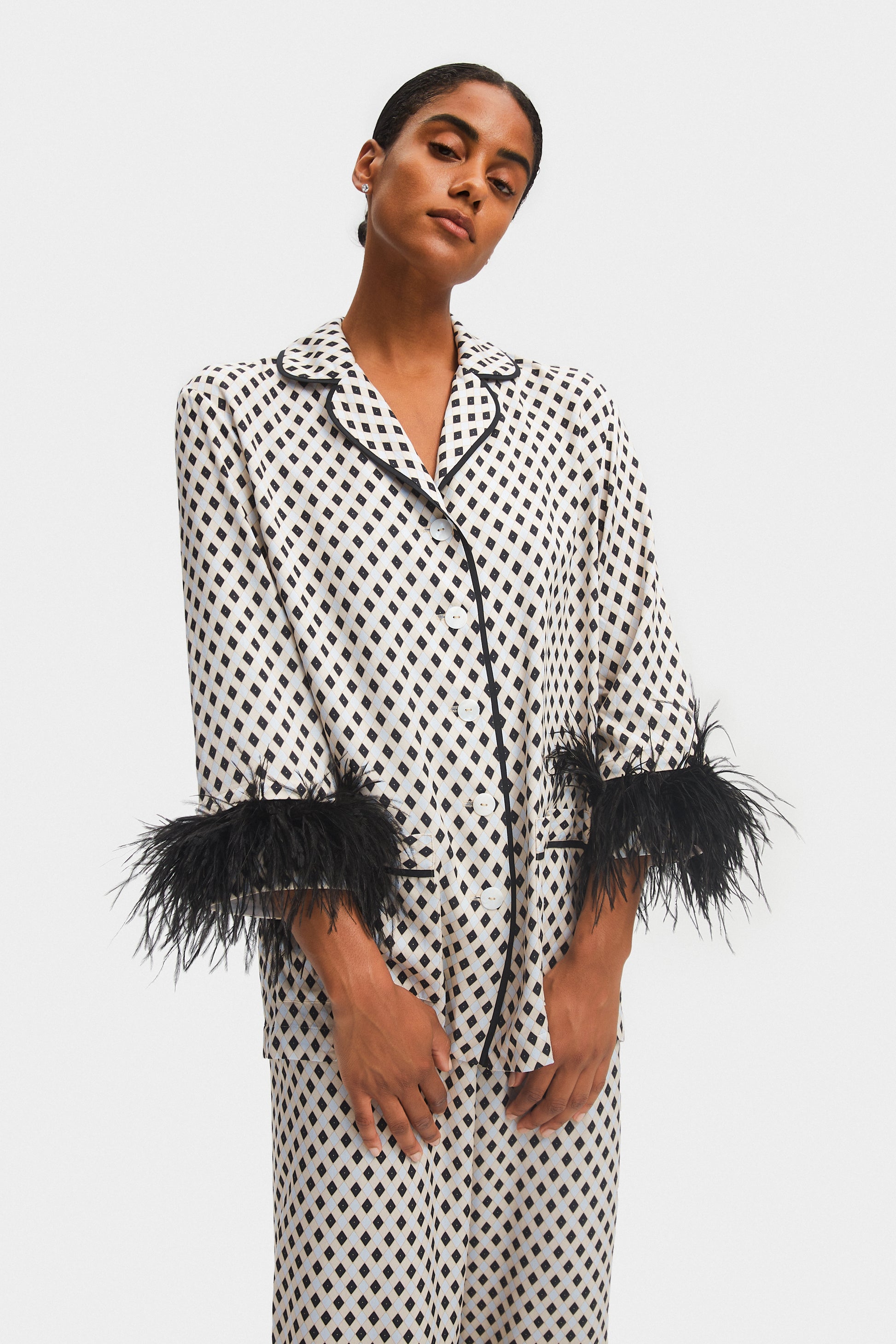 Polka Dot Feather Trim Shirt & Pants Pajama Set