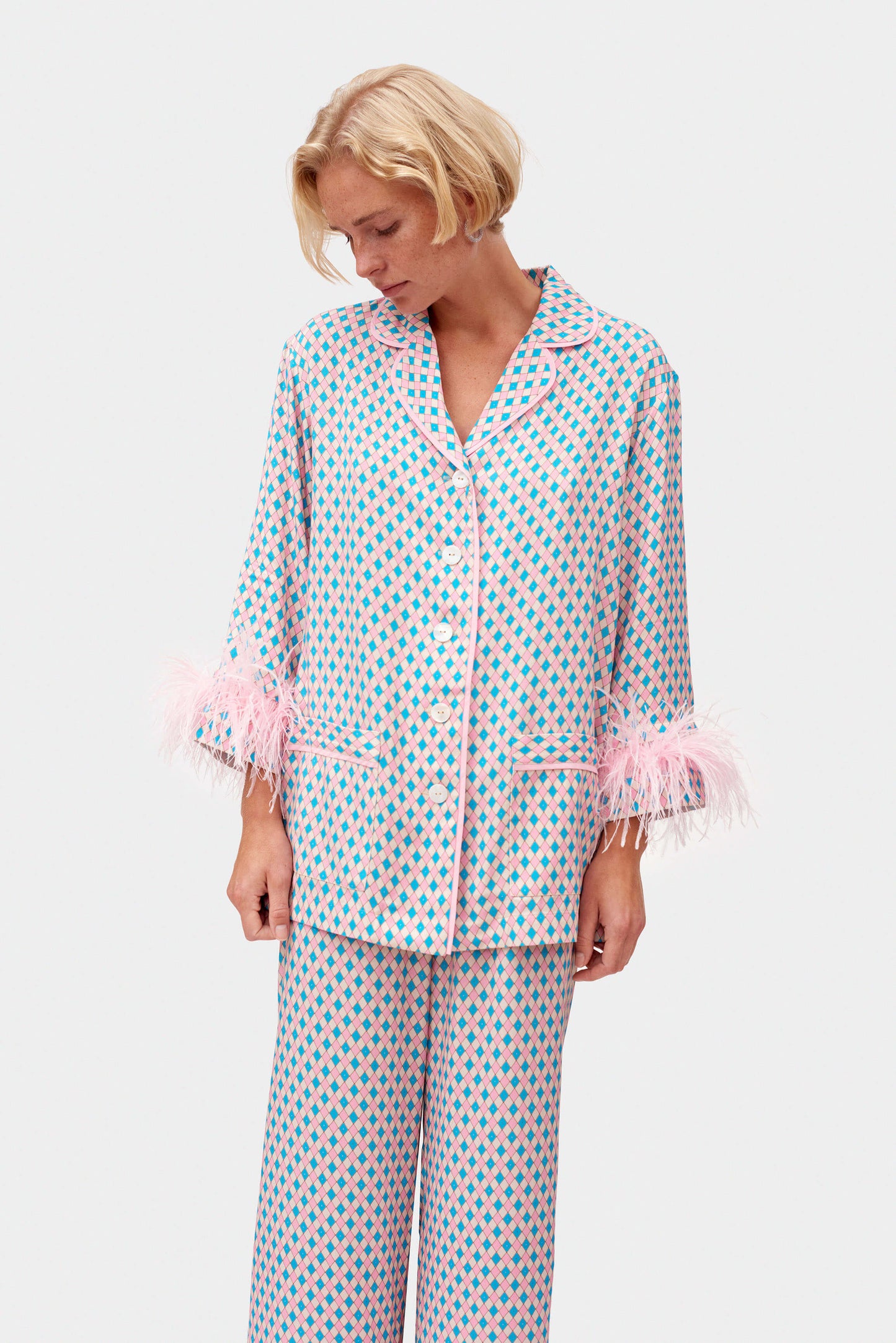 Party Pajamas Set with Detachable Feathers in Pink Print