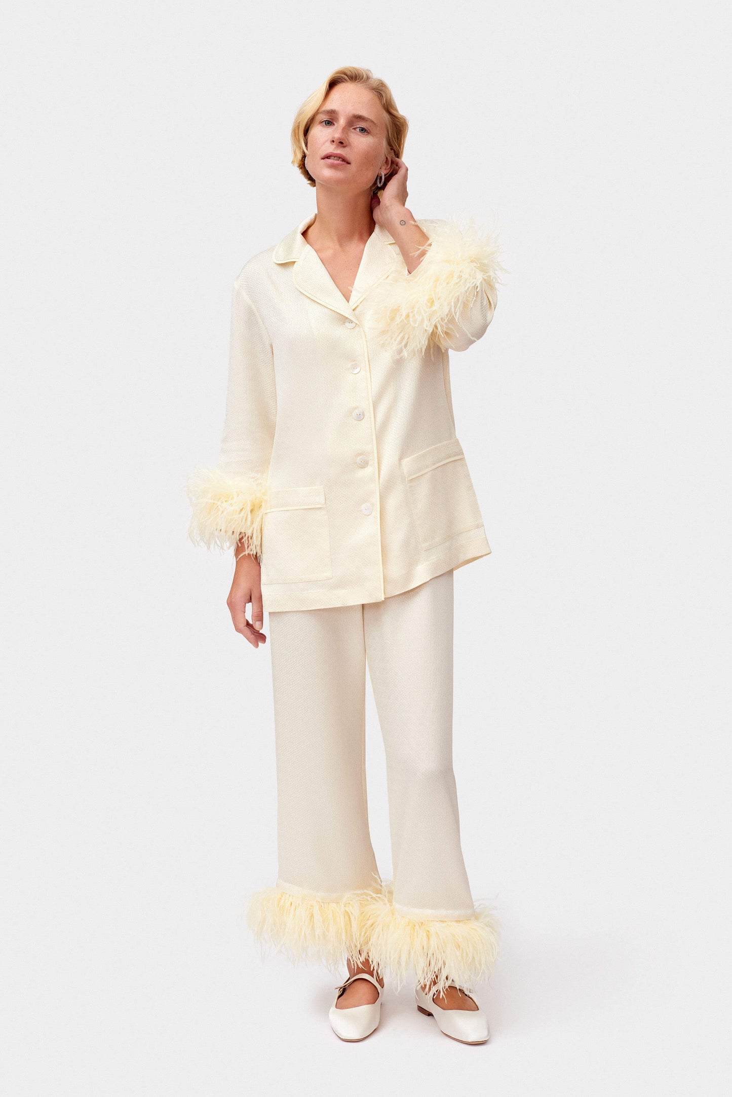 Jacquard Pajama Set with Feathers in White
