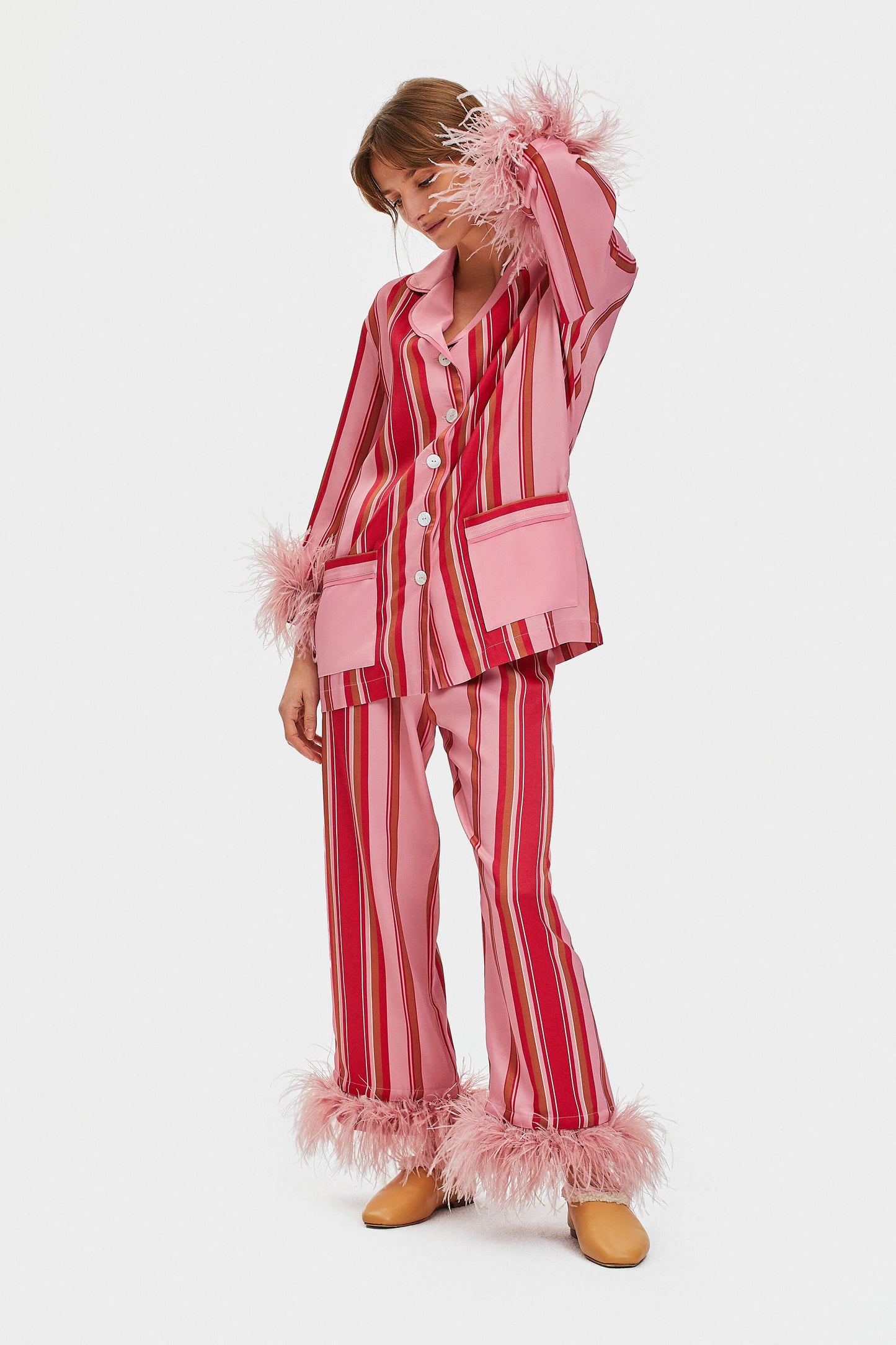 Party Pajama with Detachable Feathers in Pink Stripes