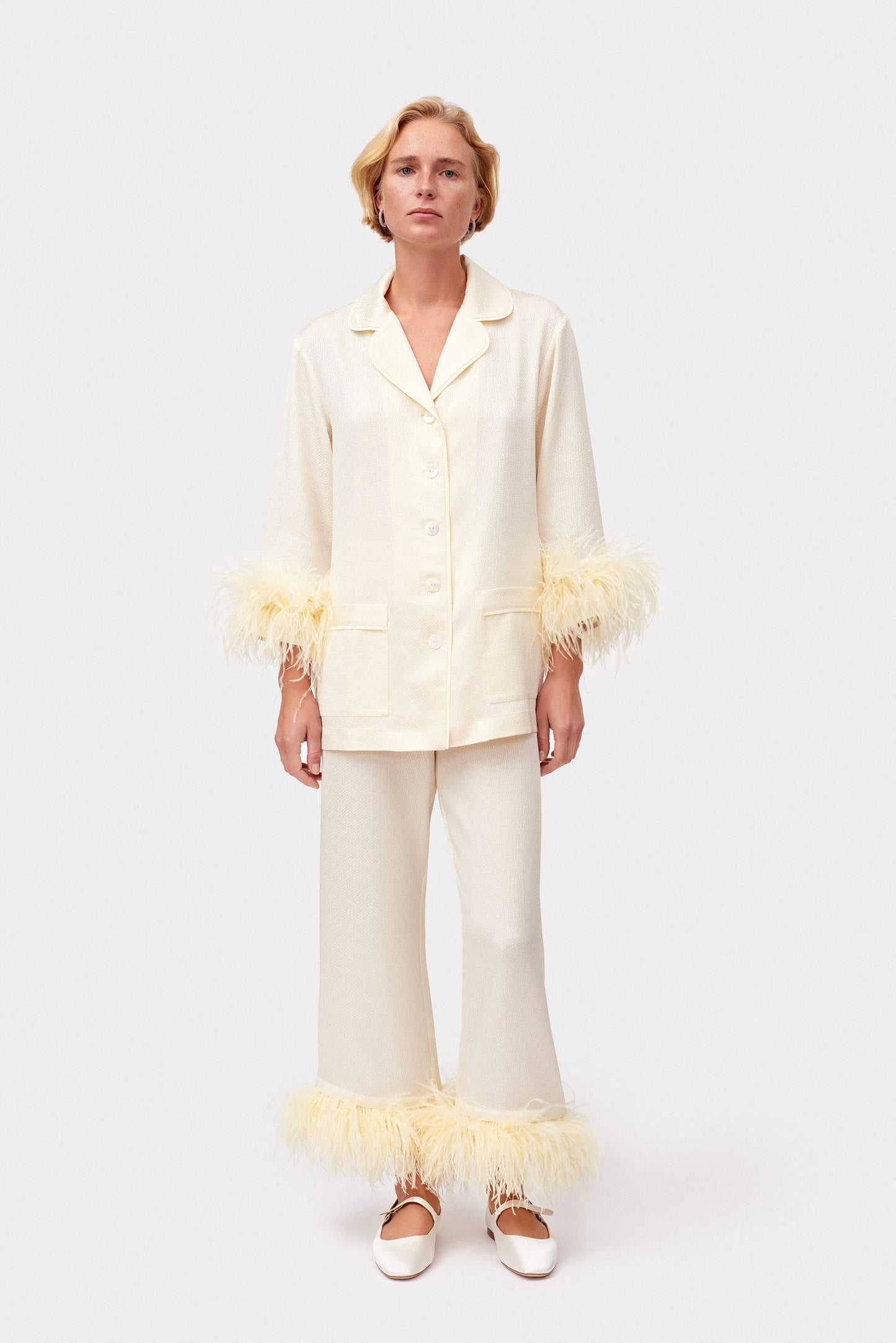 Jacquard Pajama Set with Feathers in White