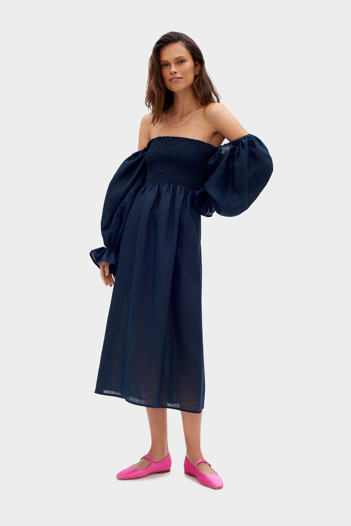 NEW Sleeper Linen Bandana | Navy Sleeper Atlanta Linen Midi Dress in Navy - Large Midi main image 2