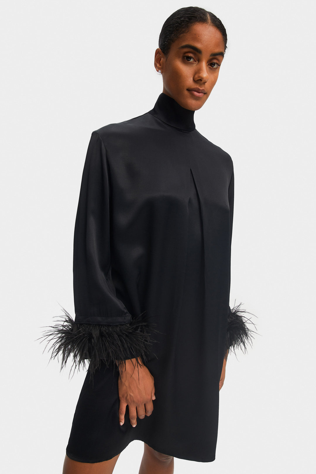 Party Shirt Dress with Detachable Feathers in Black