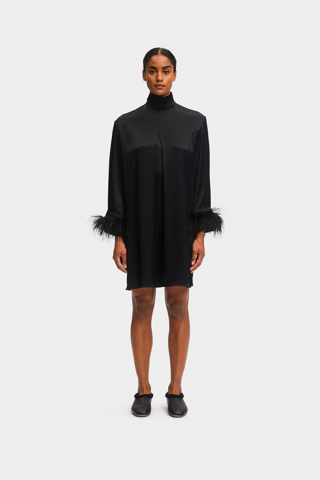 Party Shirt Dress with Detachable Feathers in Black