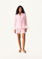 The Bow Set with shorts and Detachable Feathers in Pink and white polka dot