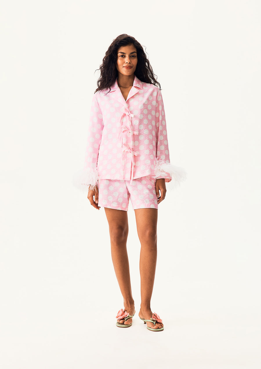 The Bow Set with shorts and Detachable Feathers in Pink and white polka dot