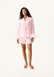 The Bow Set with shorts and Detachable Feathers in Pink and white polka dot