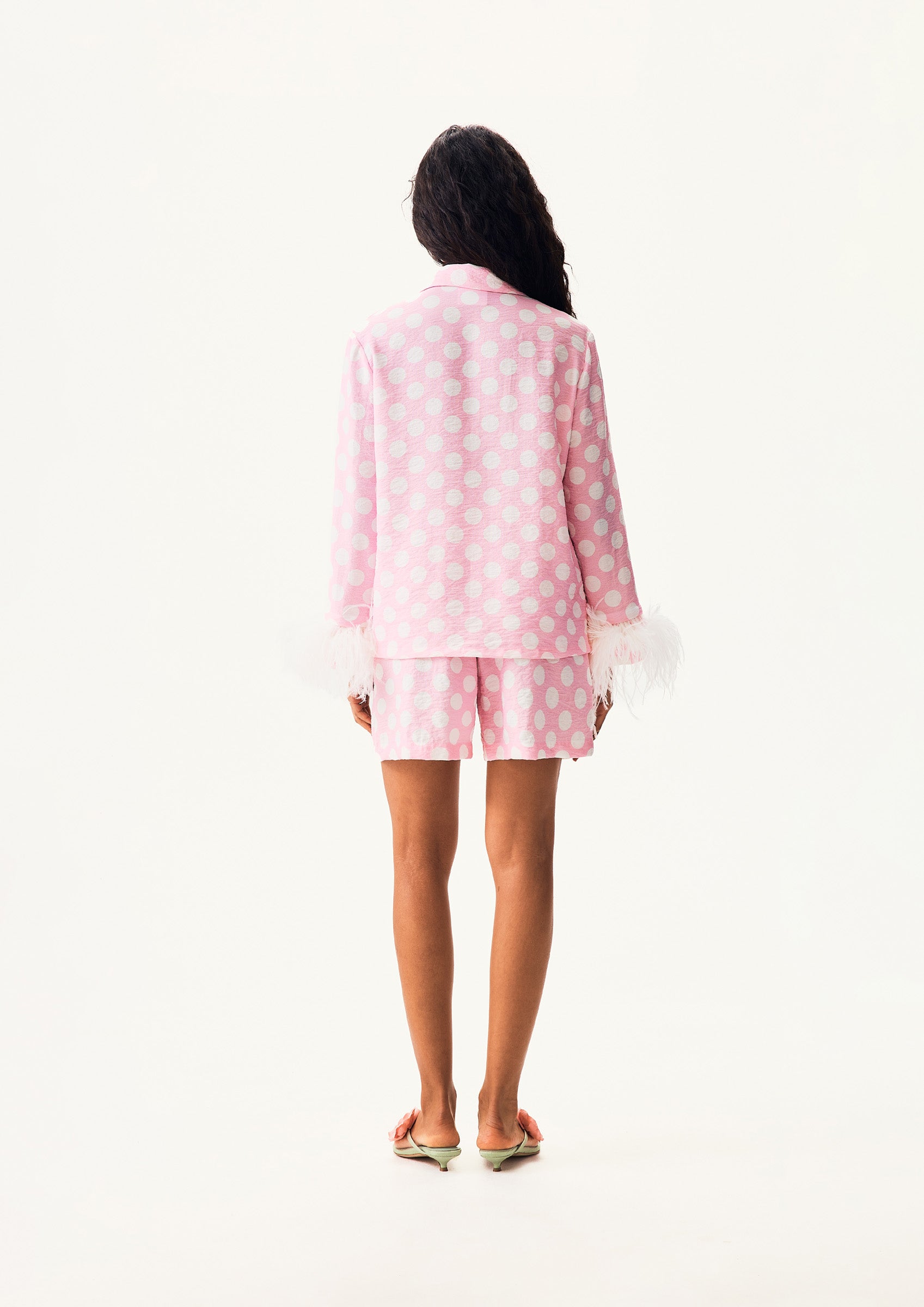 The Bow Set with shorts and Detachable Feathers in Pink and white polka dot