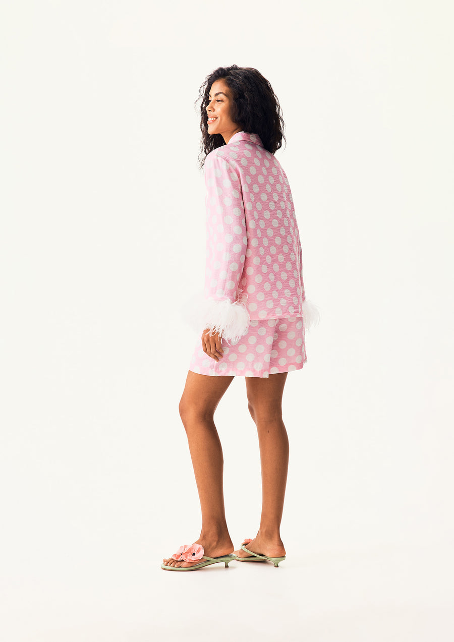 The Bow Set with shorts and Detachable Feathers in Pink and white polka dot