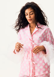 The Bow Set with shorts and Detachable Feathers in Pink and white polka dot