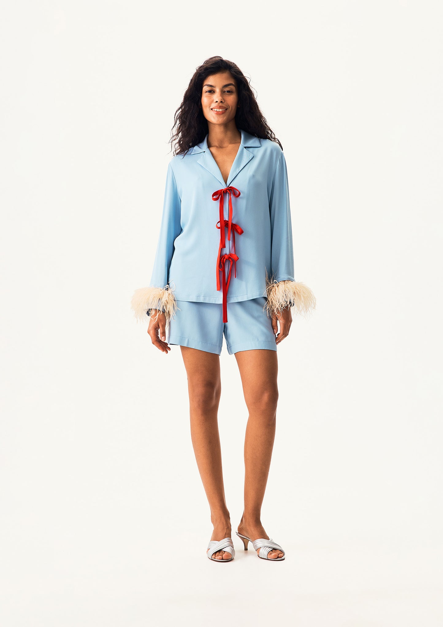 The Bow Set with shorts in Blue with Detachable Feathers in Beige
