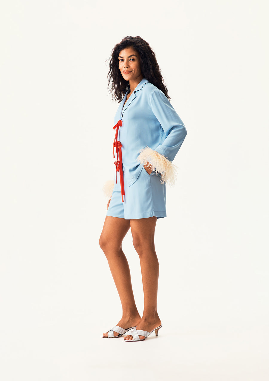 The Bow Set with shorts in Blue with Detachable Feathers in Beige