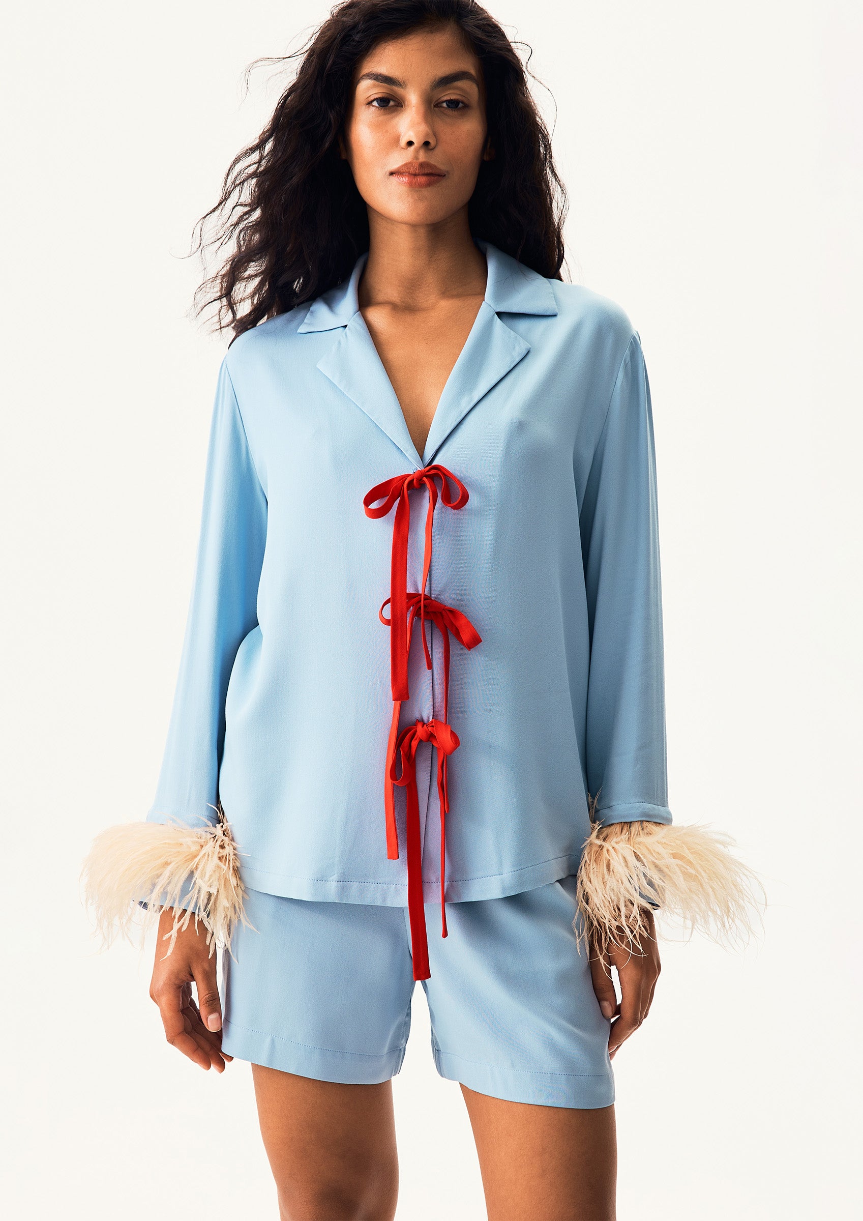 The Bow Set with shorts in Blue with Detachable Feathers in Beige