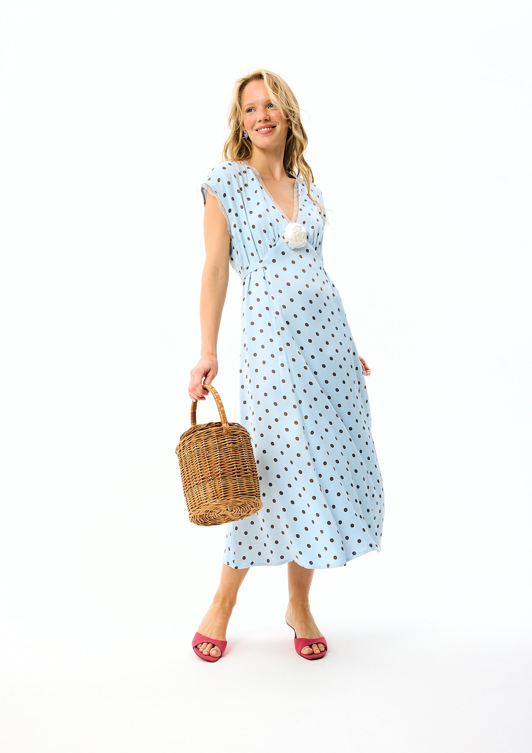 The Genus Rosa Midi Dress in Blue with Polka Dot