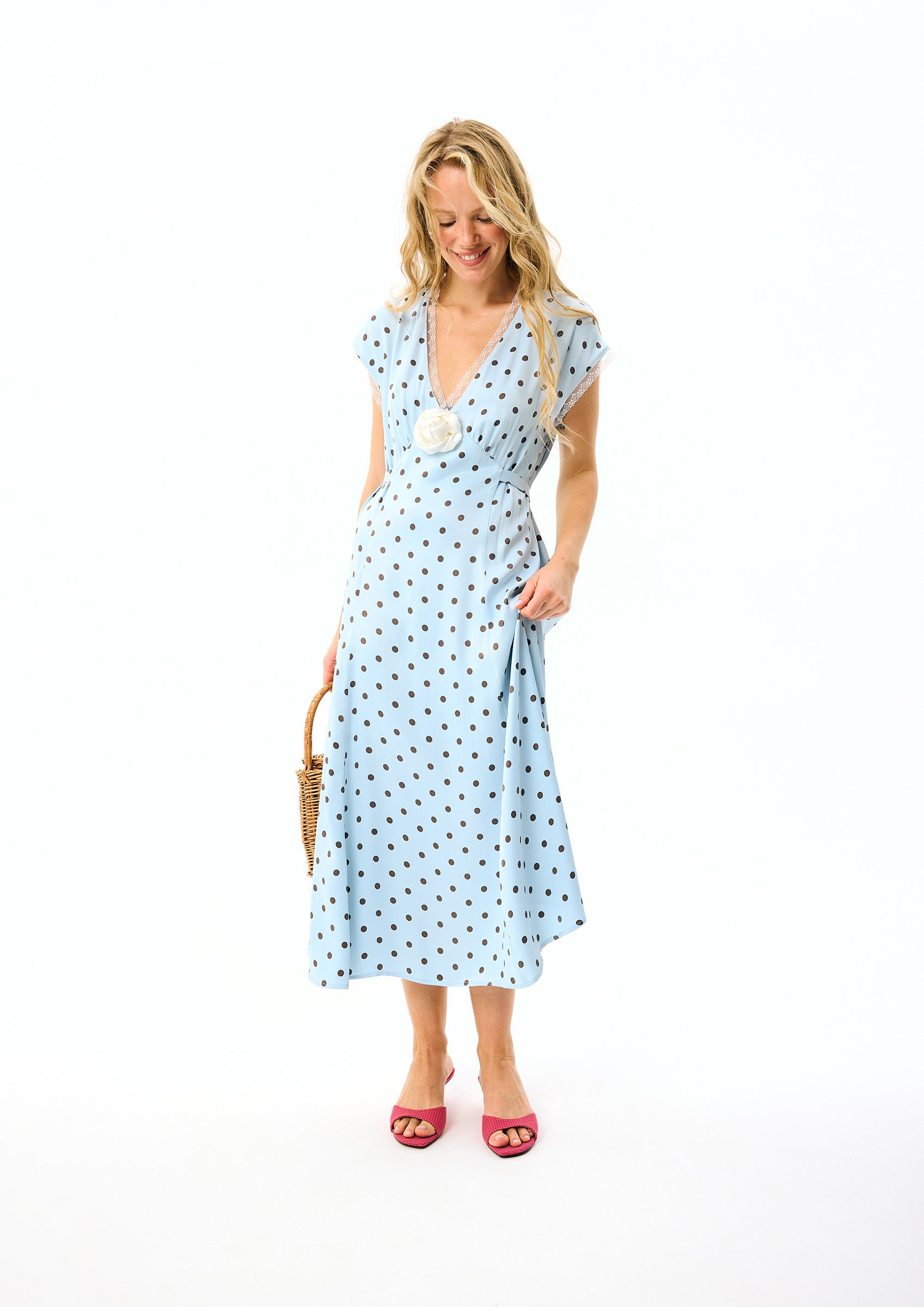 The Genus Rosa Midi Dress in Blue with Polka Dot
