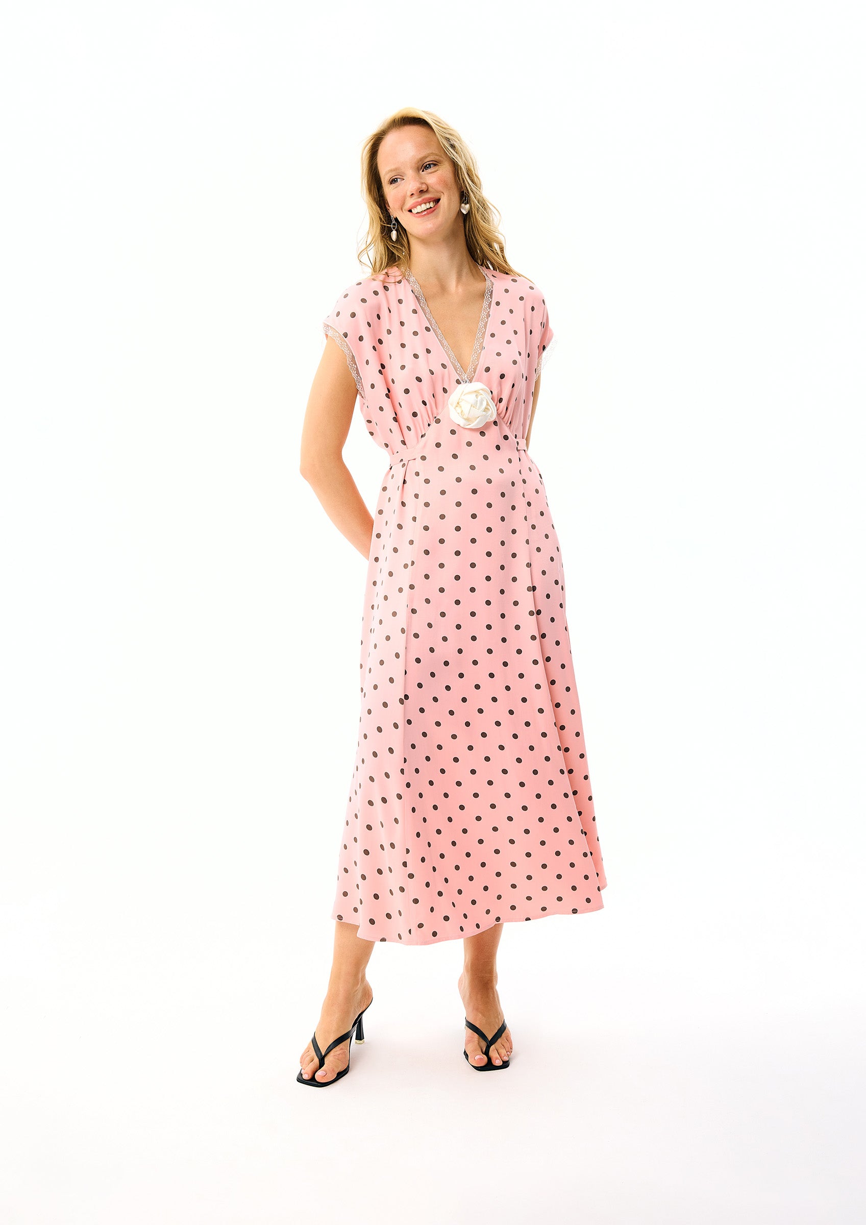 The Genus Rosa Midi Dress in Blush with Polka Dot