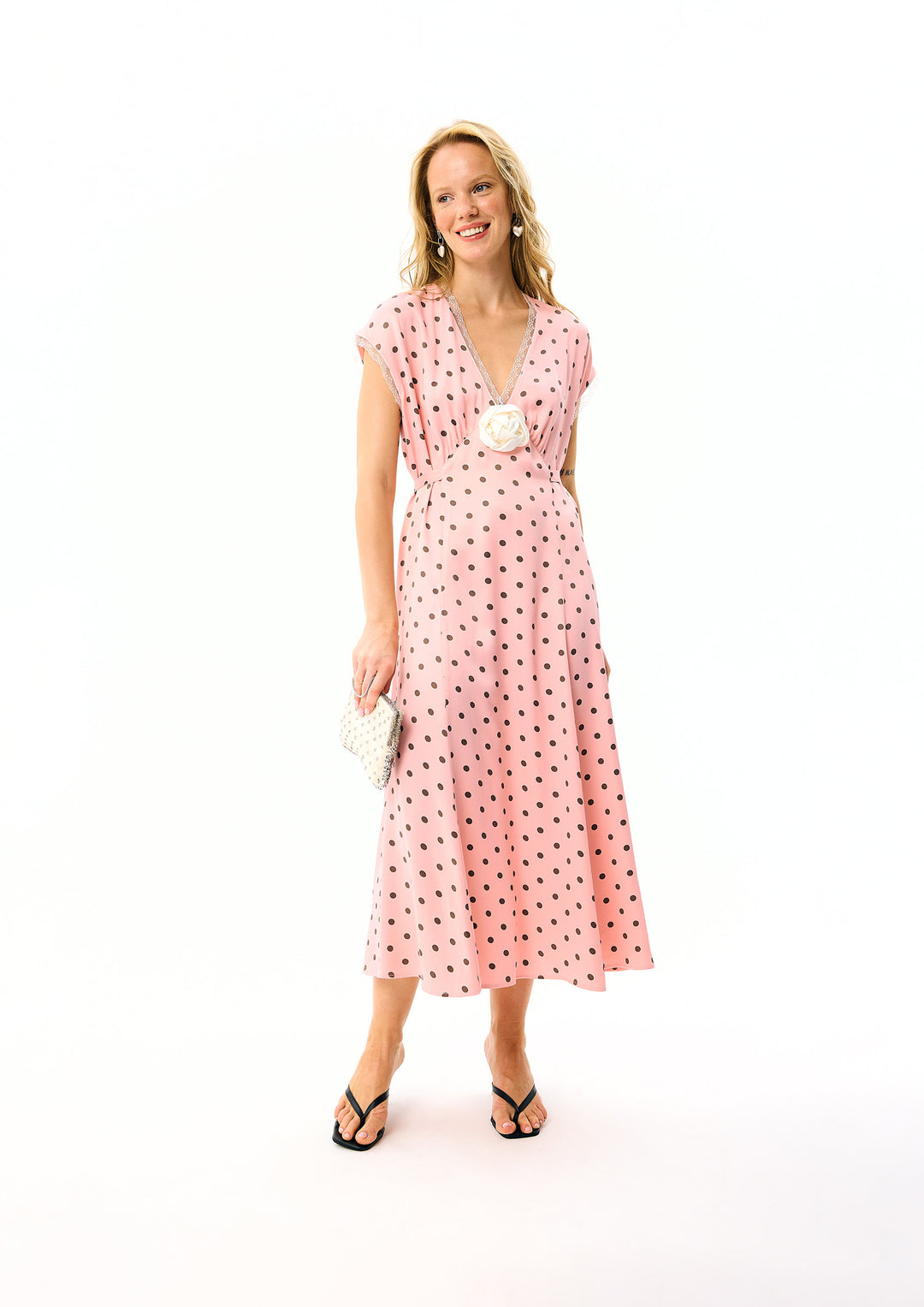 The Genus Rosa Midi Dress in Blush with Polka Dot