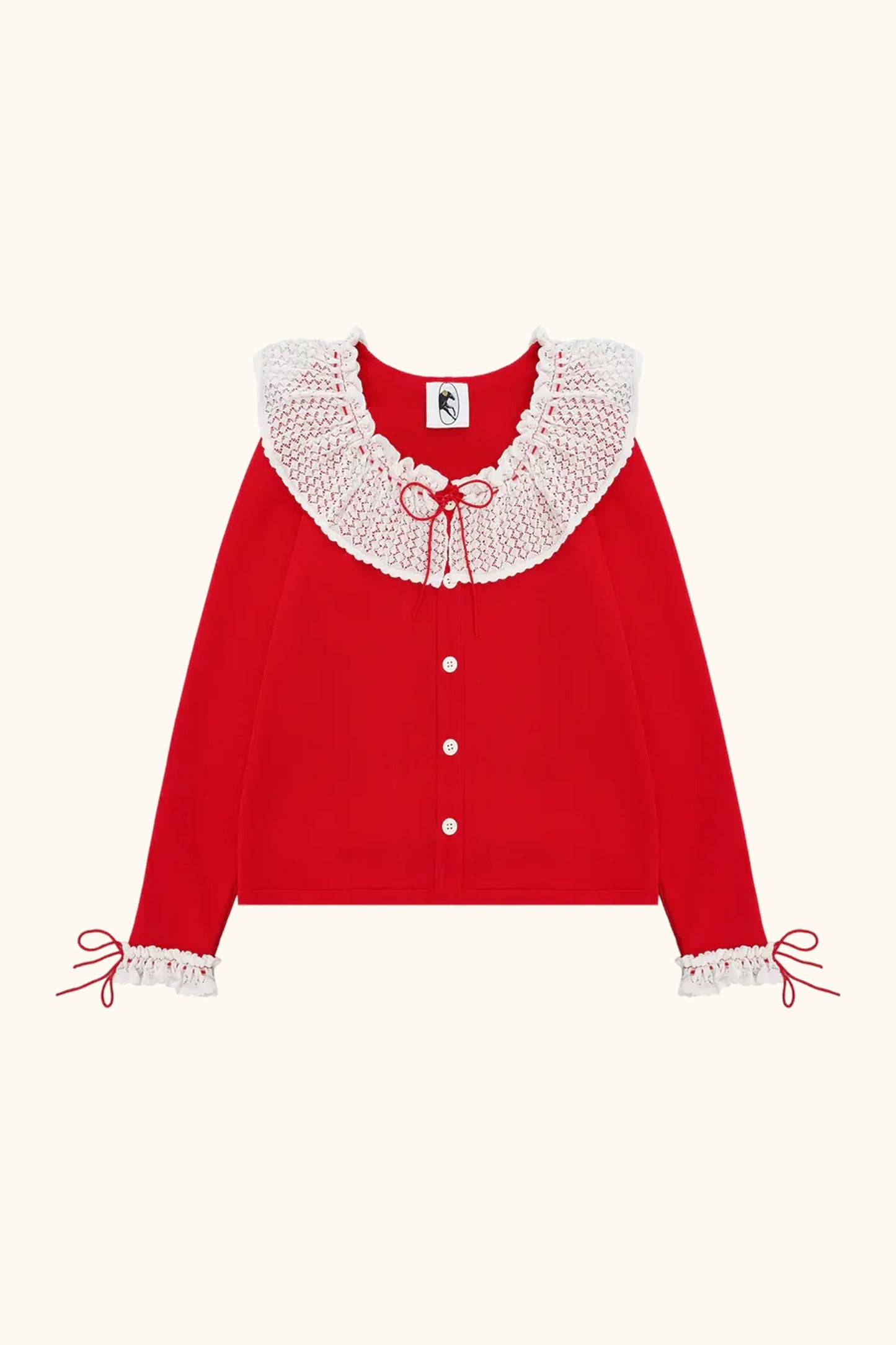 Malena Knitted Cardigan with Lace Collar in Red