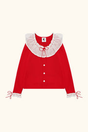 Malena Knitted Cardigan with Lace Collar in Red