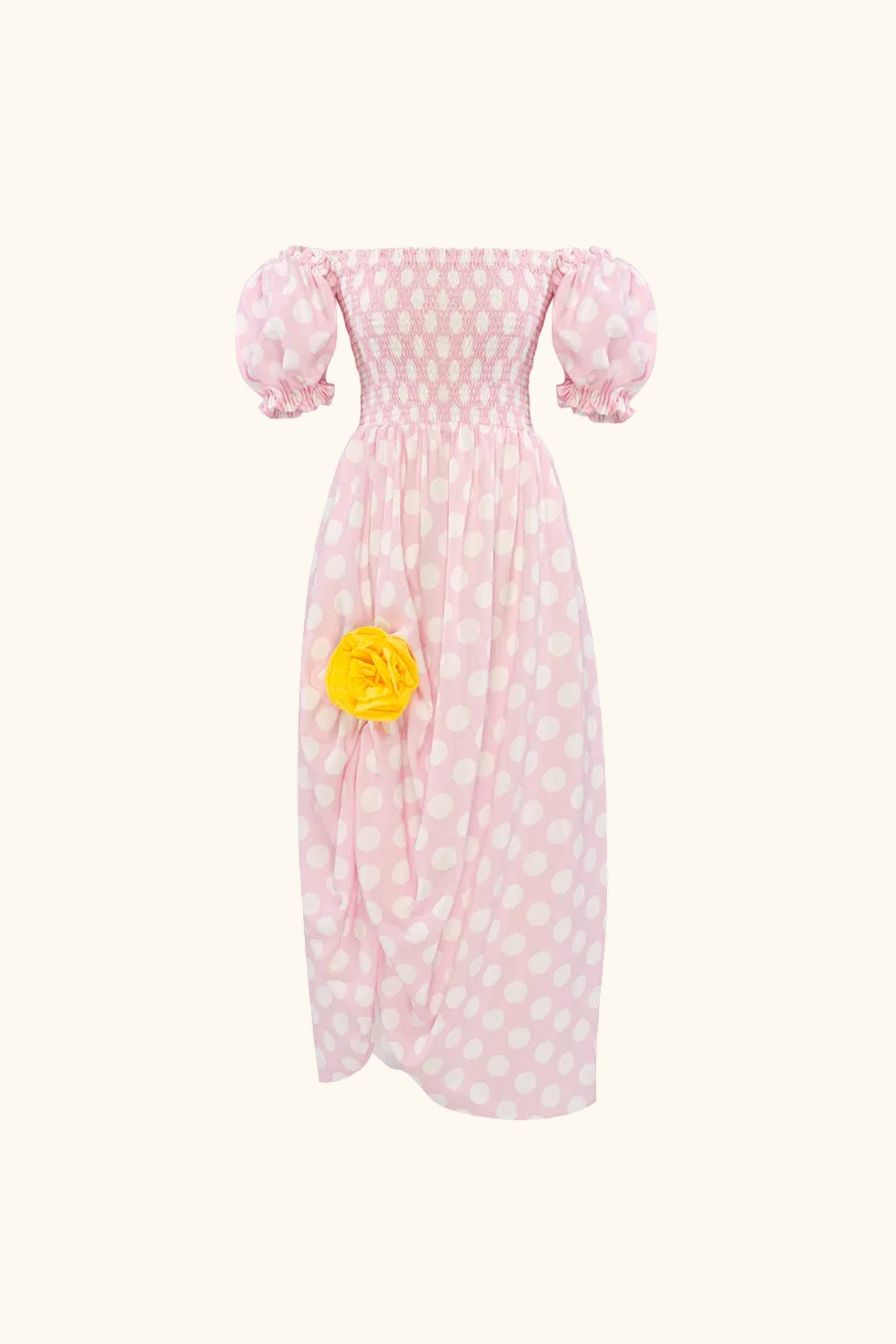 Belle Dress with Rose Detail in Pink Polka Dot