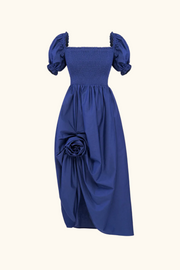 Belle Cotton Dress with Rose Detail in Navy