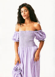 Belle Linen Dress with Rose in Lavender vichy