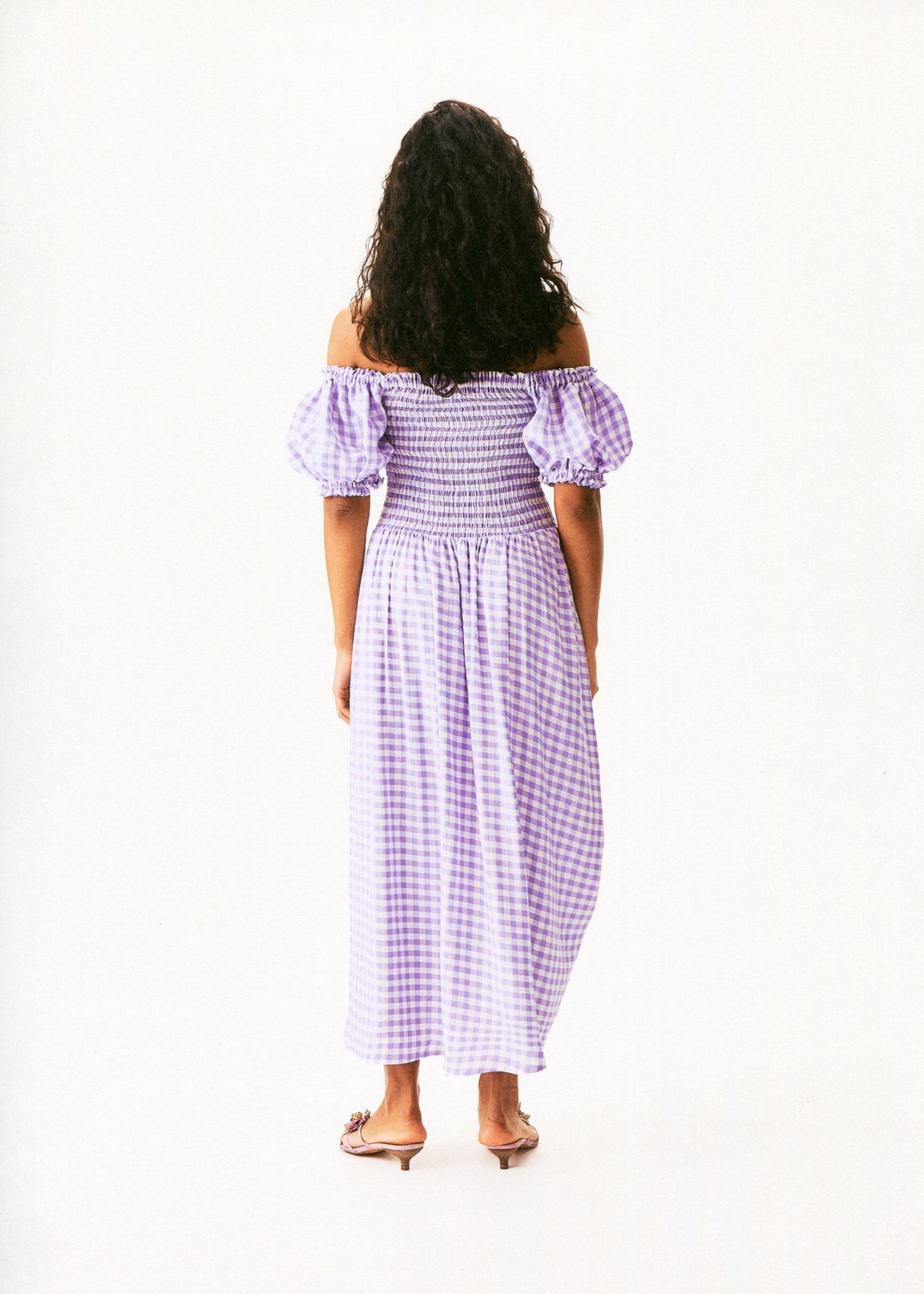Belle Linen Dress with Rose in Lavender vichy