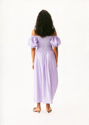 Belle Linen Dress with Rose in Lavender vichy