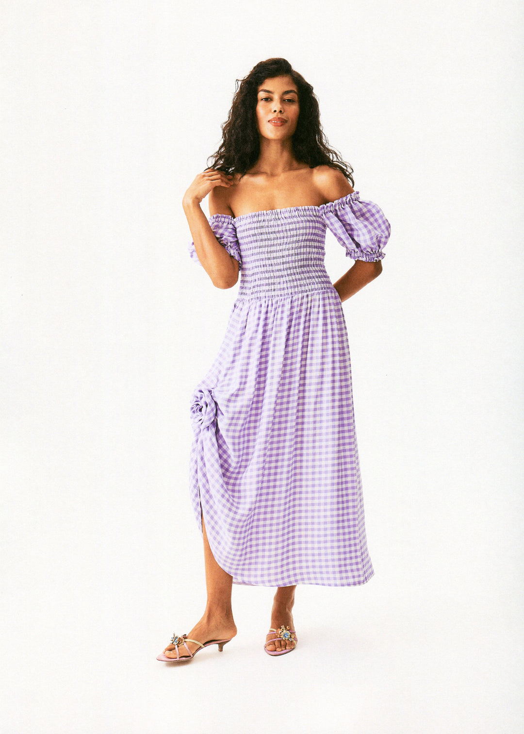 Belle Linen Dress with Rose in Lavender vichy