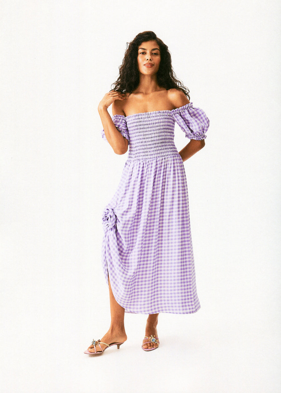Belle Linen Dress with Rose in Lavender vichy