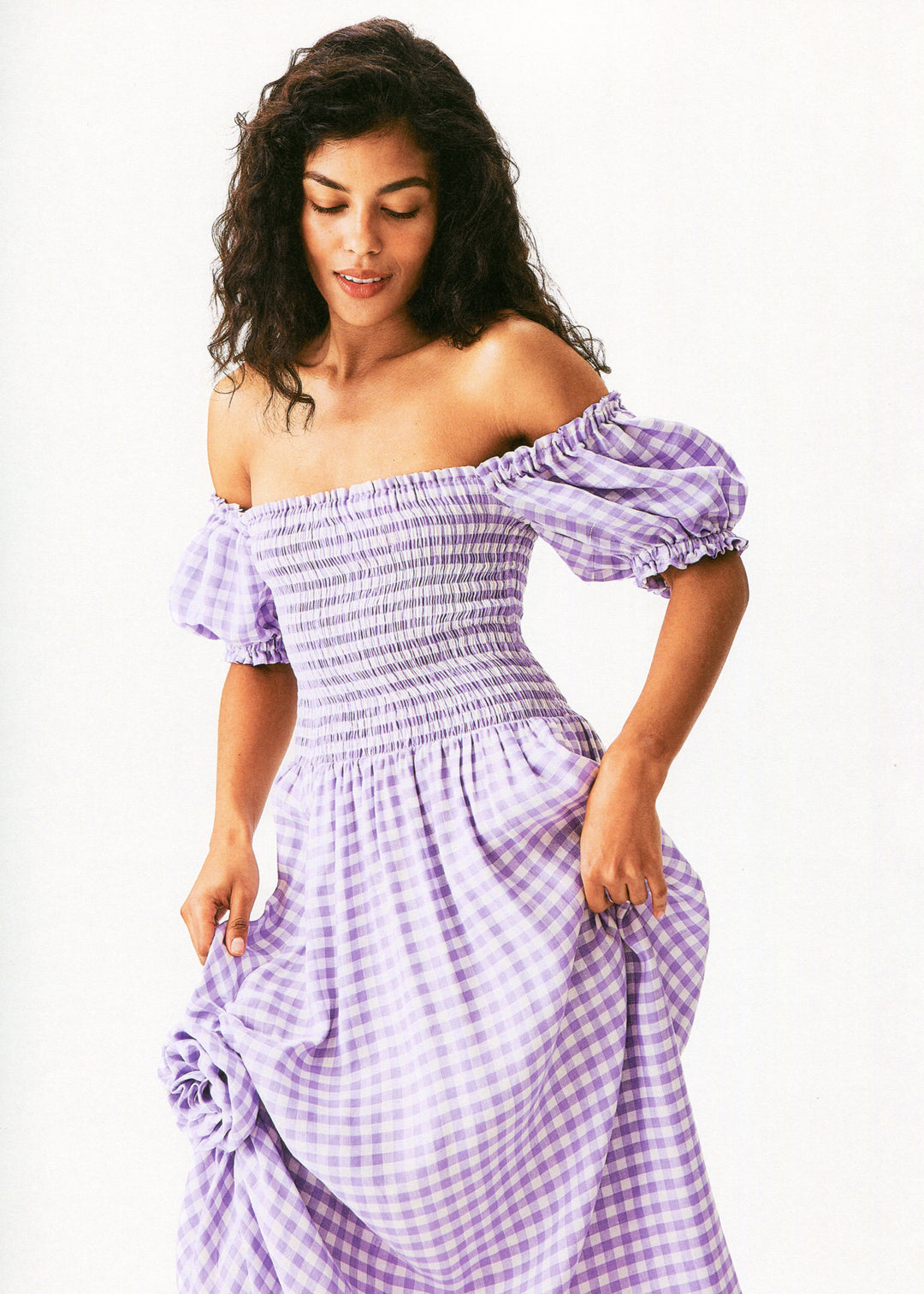 Belle Linen Dress with Rose in Lavender vichy Lavender vichy / XS