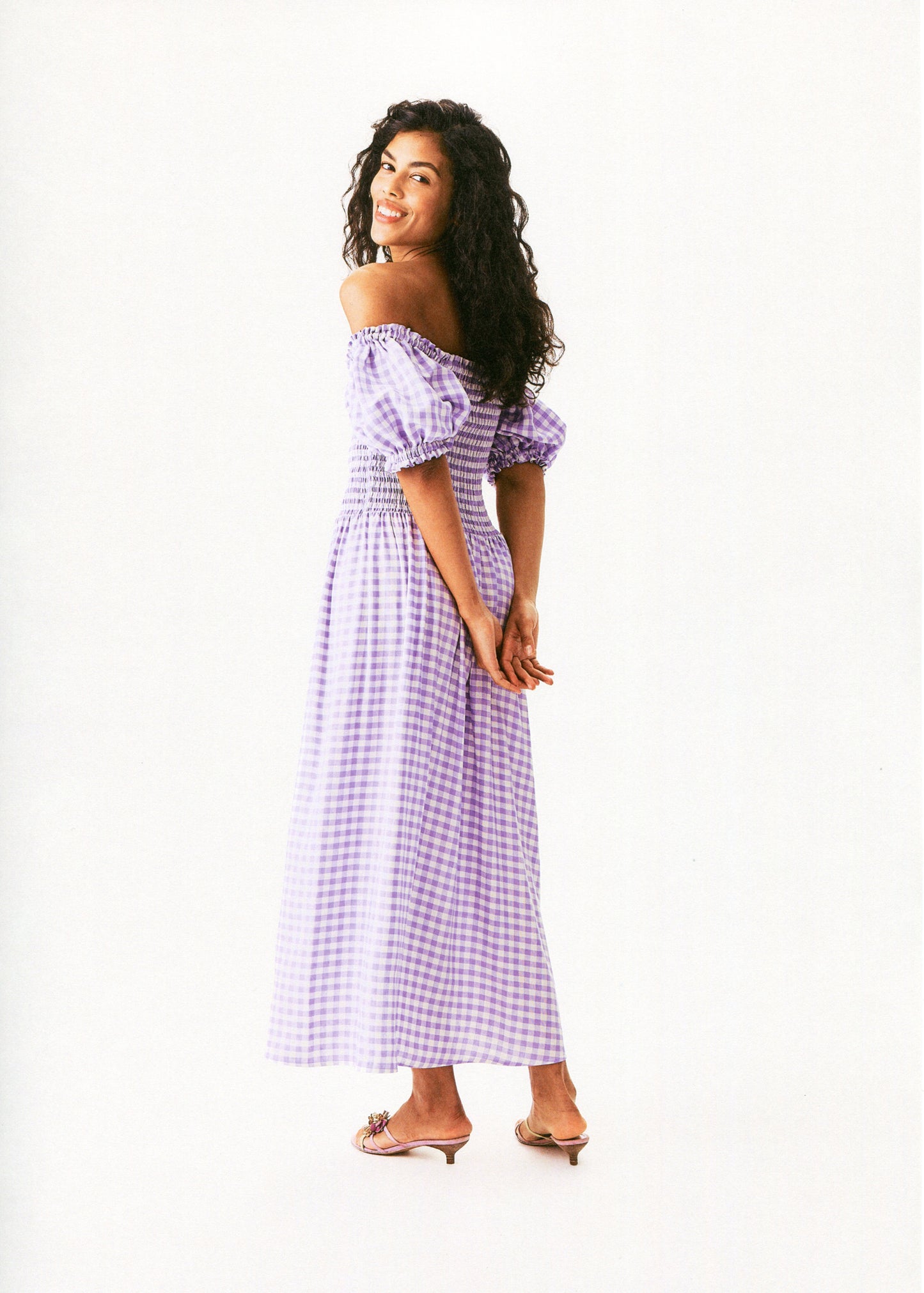 Belle Linen Dress with Rose in Lavender vichy