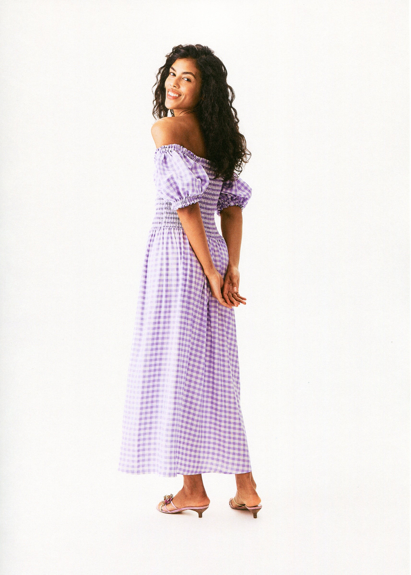 Belle Linen Dress with Rose in Lavender vichy