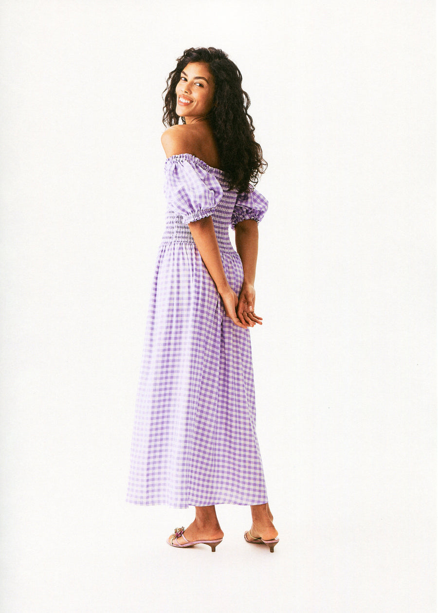 Belle Linen Dress with Rose in Lavender vichy