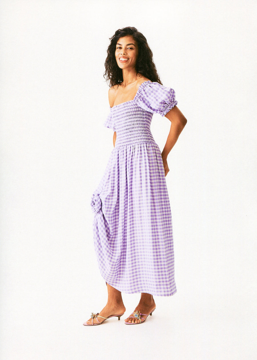 Belle Linen Dress with Rose in Lavender vichy