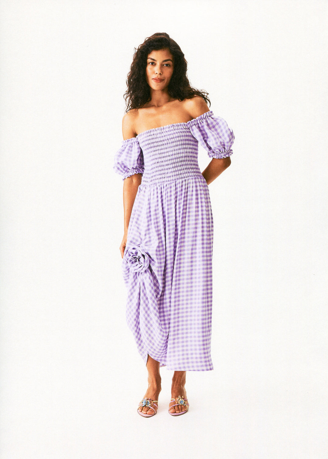 Belle Linen Dress with Rose in Lavender vichy Lavender vichy / XS