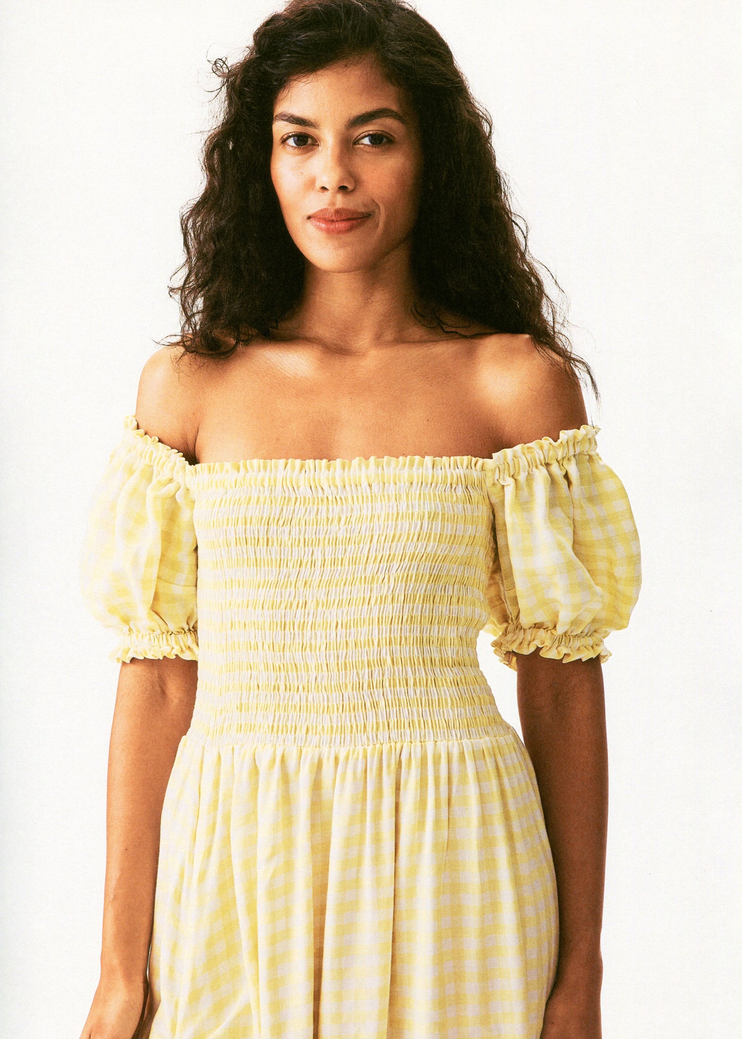 Belle Linen Dress with Rose in Yellow vichy