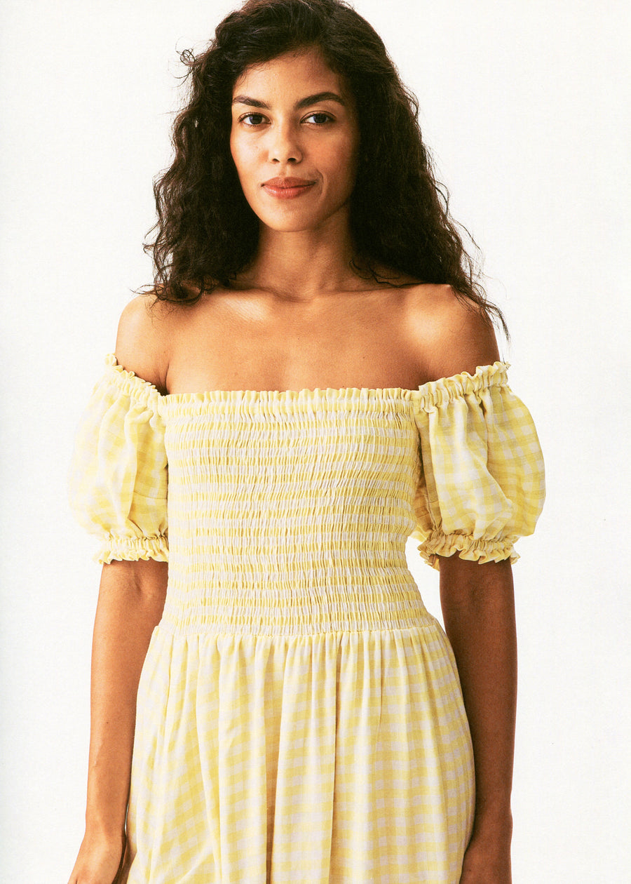 Belle Linen Dress with Rose in Yellow vichy
