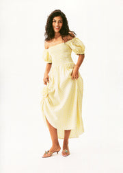 Belle Linen Dress with Rose in Yellow vichy