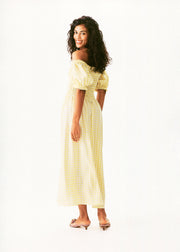 Belle Linen Dress with Rose in Yellow vichy