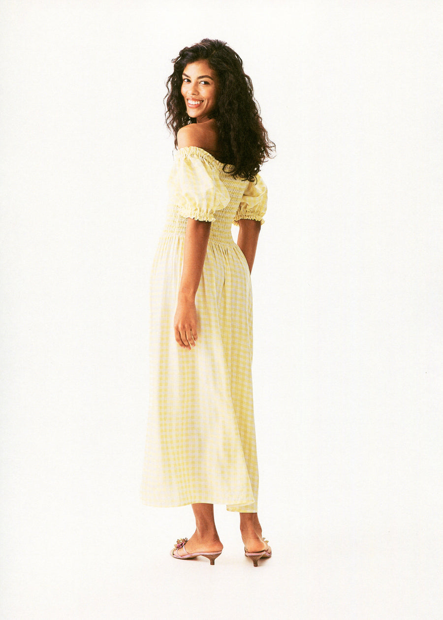 Belle Linen Dress with Rose in Yellow vichy