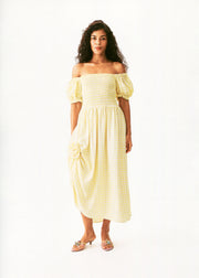 Belle Linen Dress with Rose in Yellow vichy