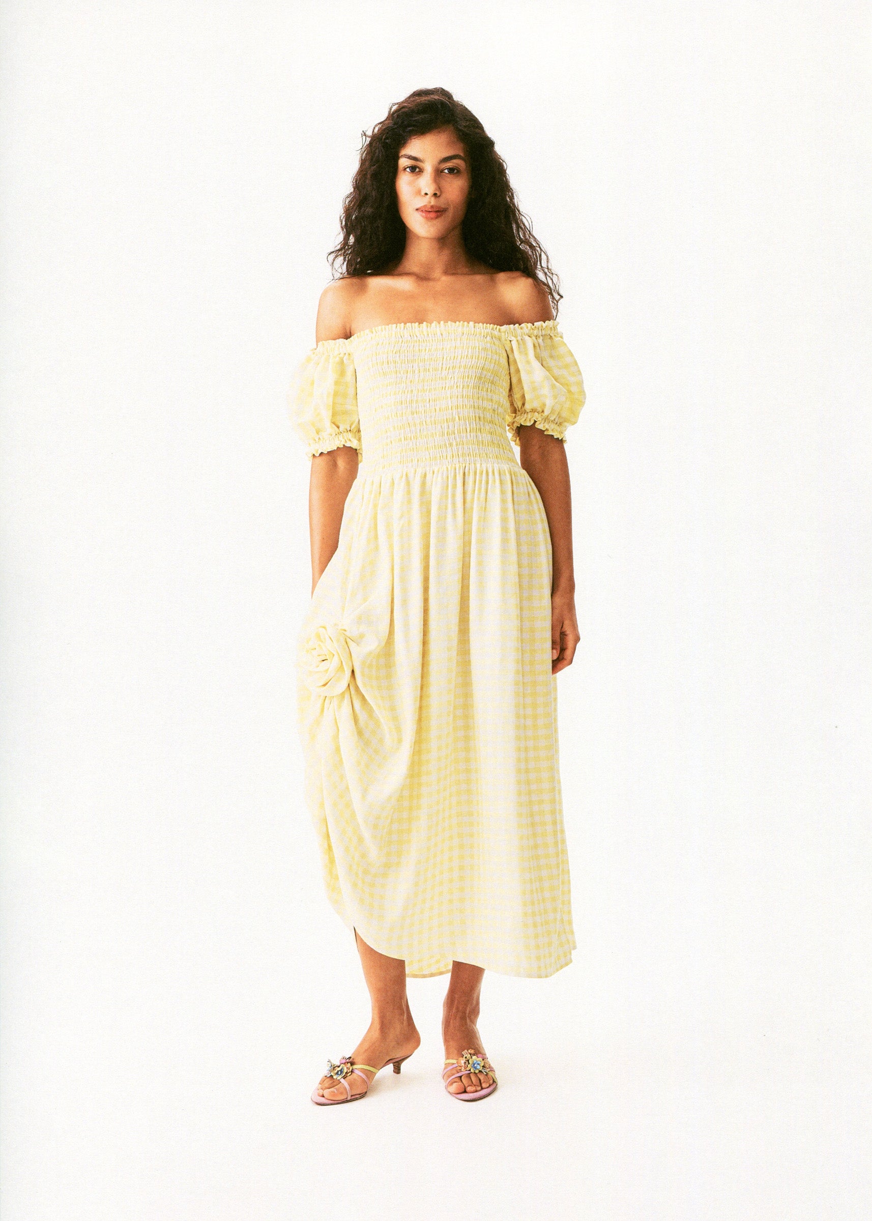 Belle Linen Dress with Rose in Yellow vichy