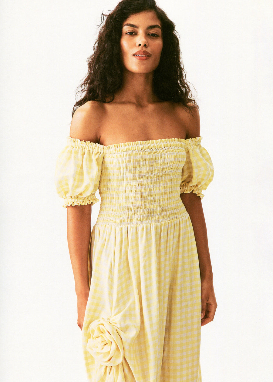 Belle Linen Dress with Rose in Yellow vichy