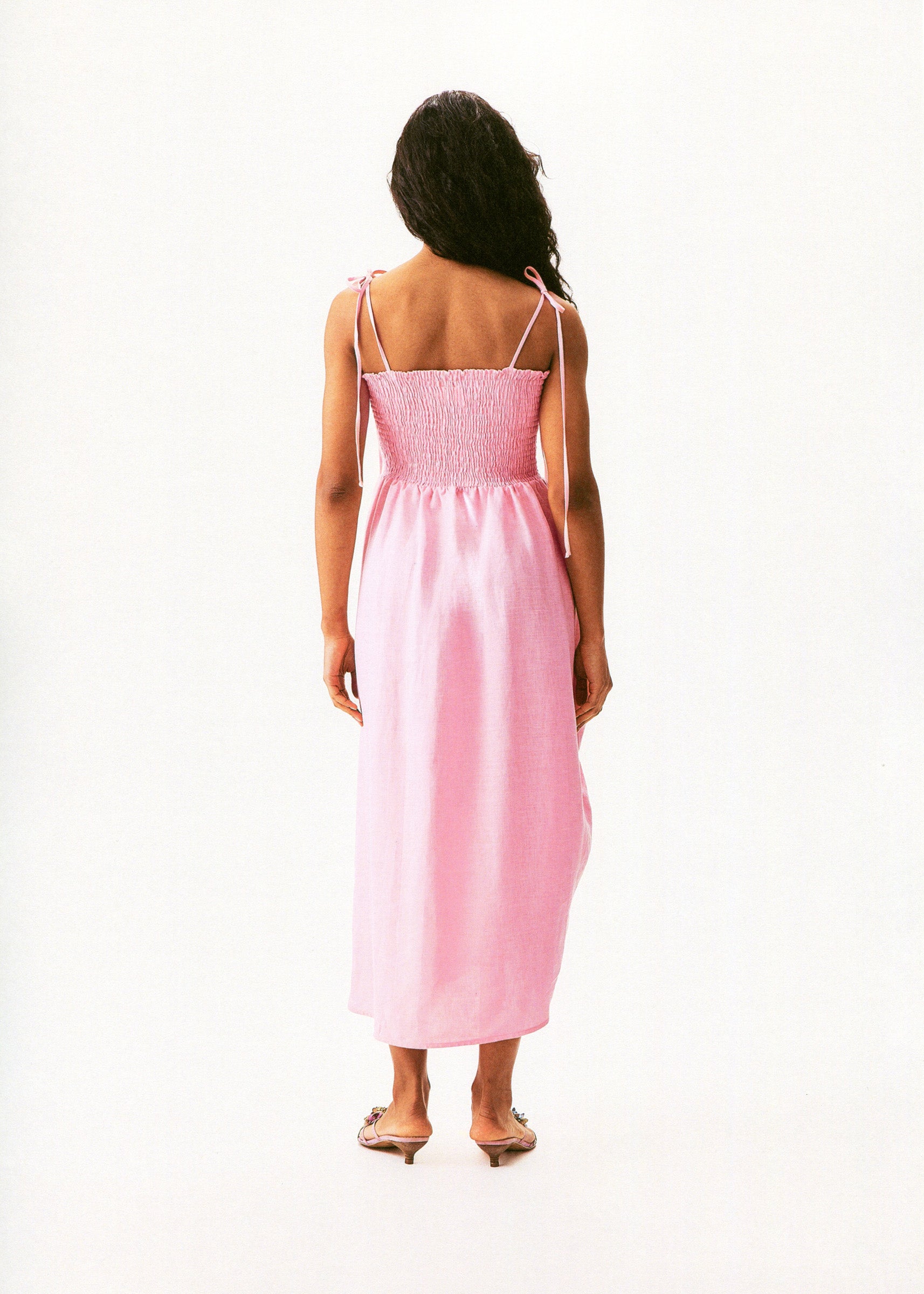 Atlanta Linen Strap Dress with Rose in pink