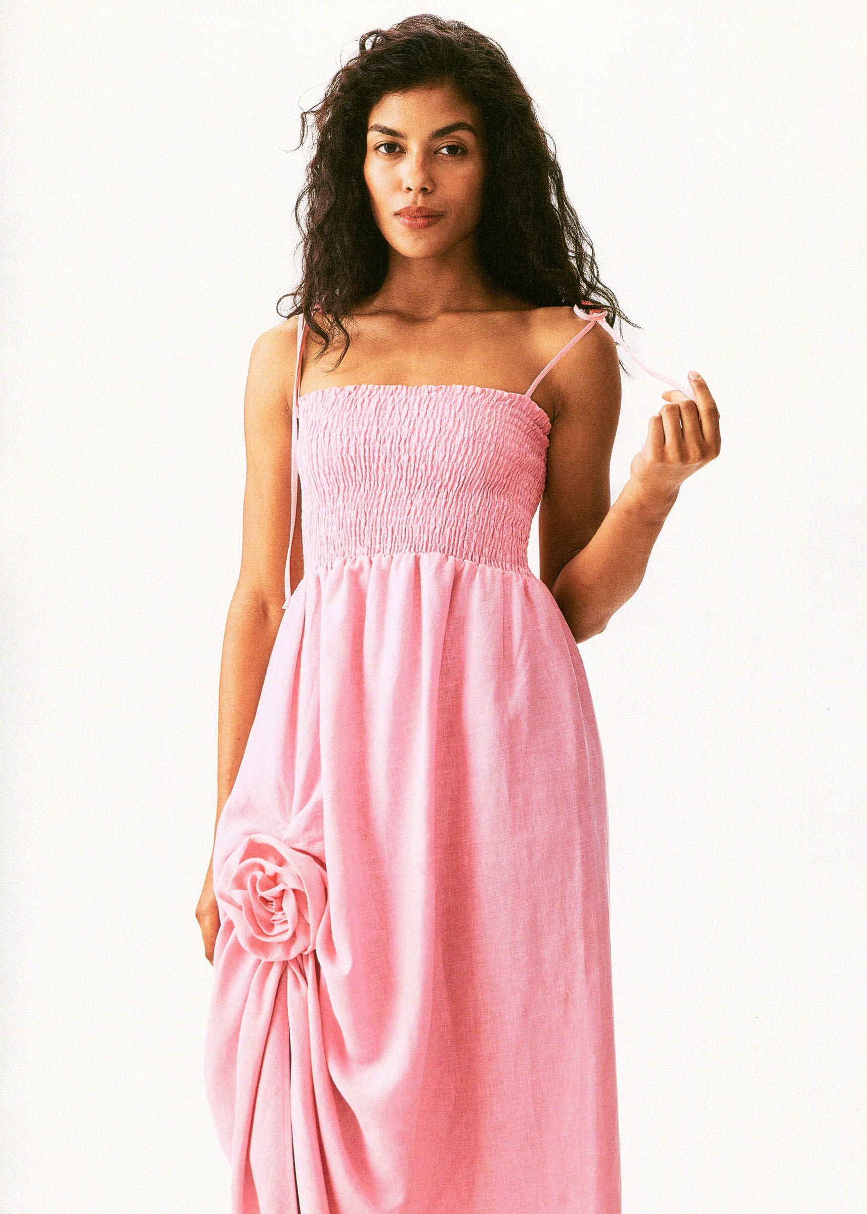 Atlanta Linen Strap Dress with Rose in pink