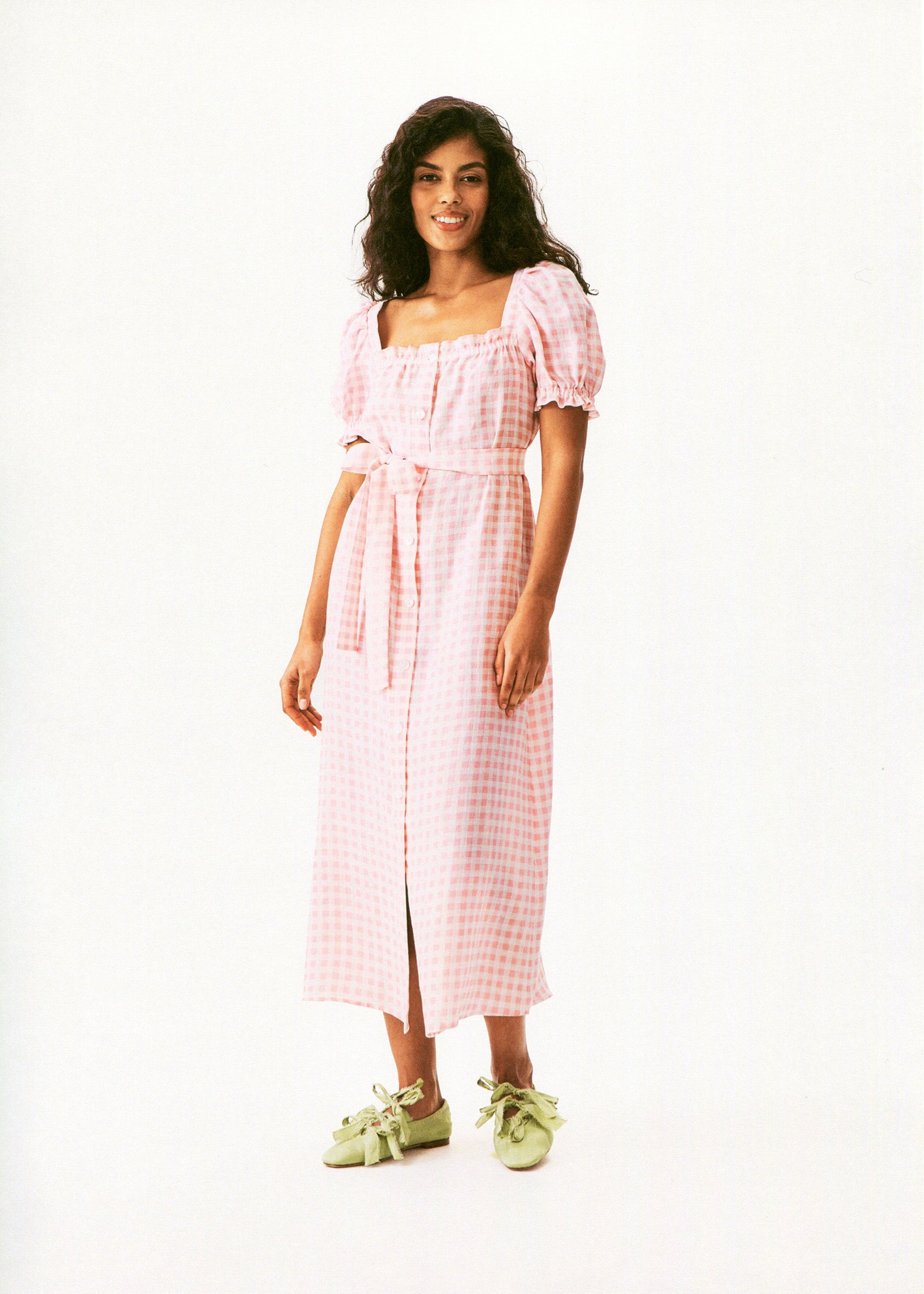 Brigitte Linen Midi Dress in Pink vichy – Sleeper