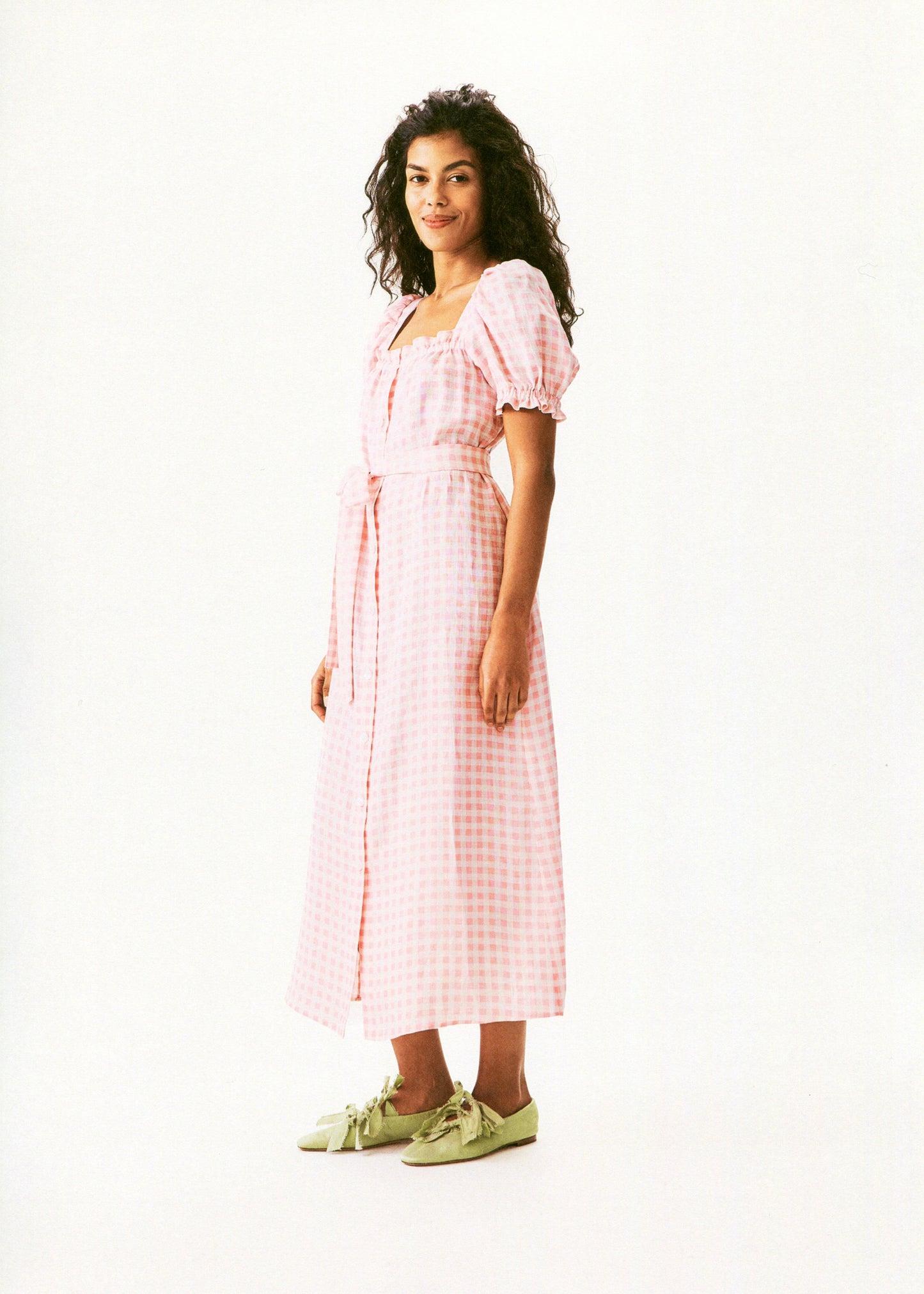 Brigitte Linen Midi Dress in Pink vichy
