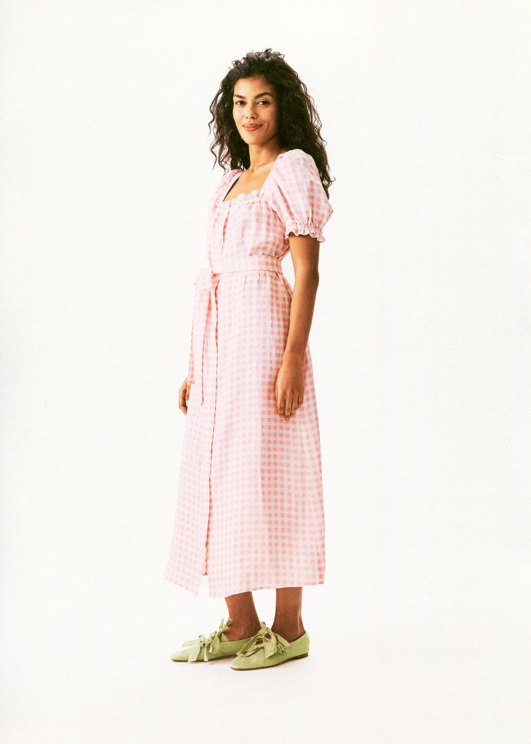 Brigitte Linen Midi Dress in Pink vichy