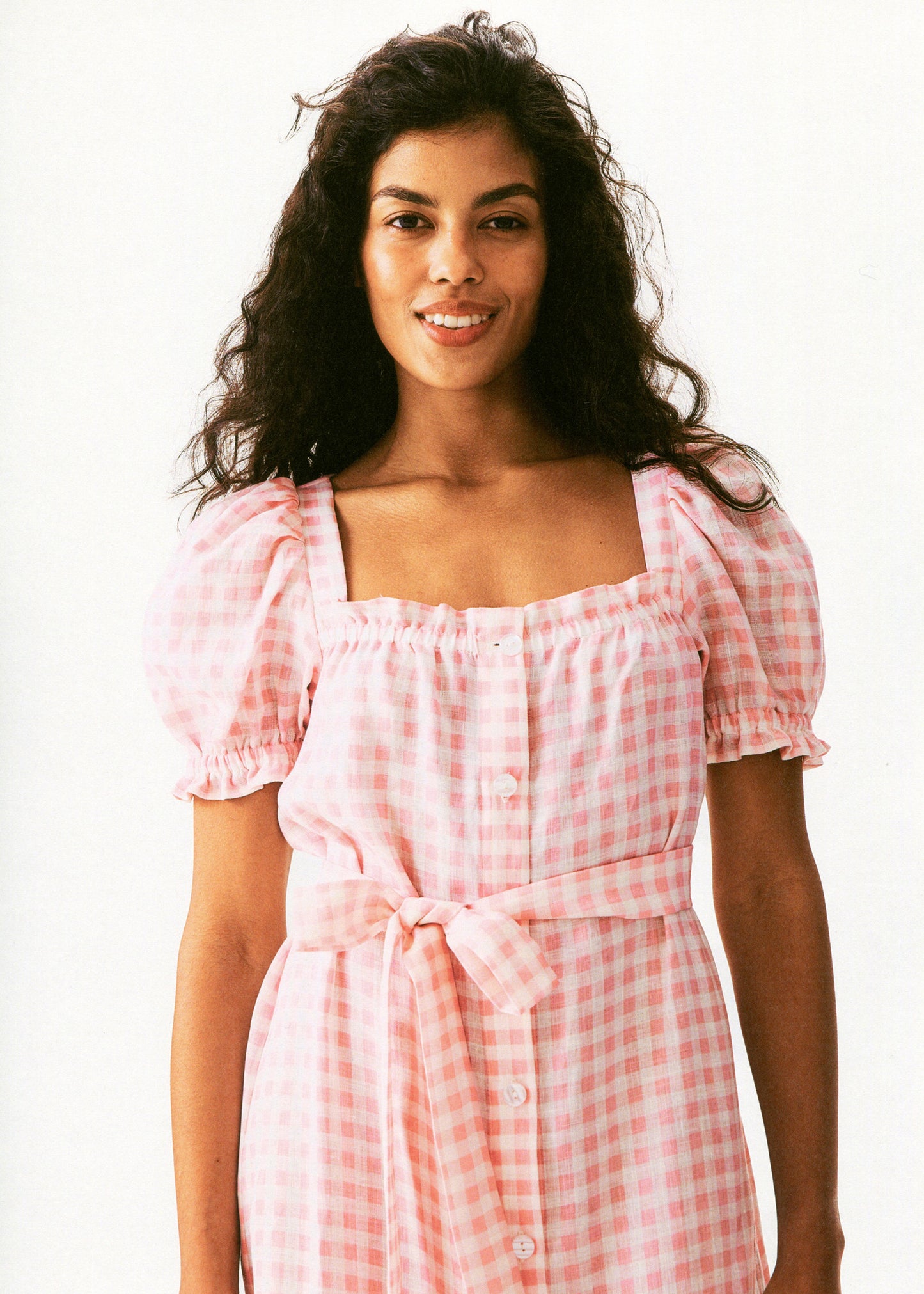 Brigitte Linen Midi Dress in Pink vichy